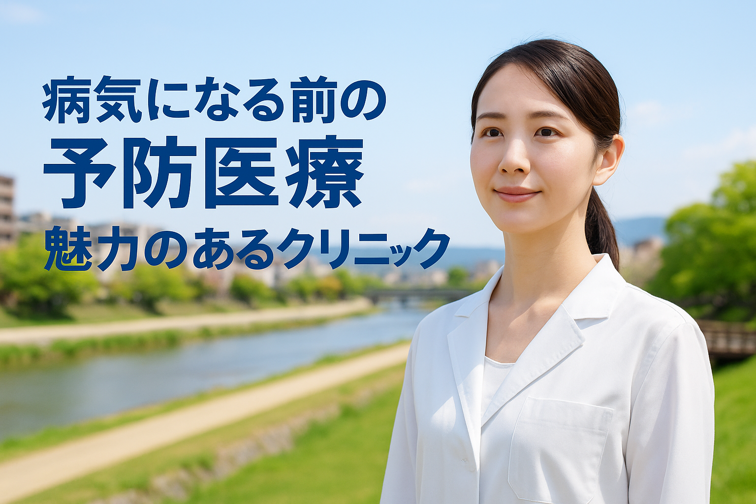 京都の自然を背景に予防医療の魅力を紹介する女性のイメージ写真